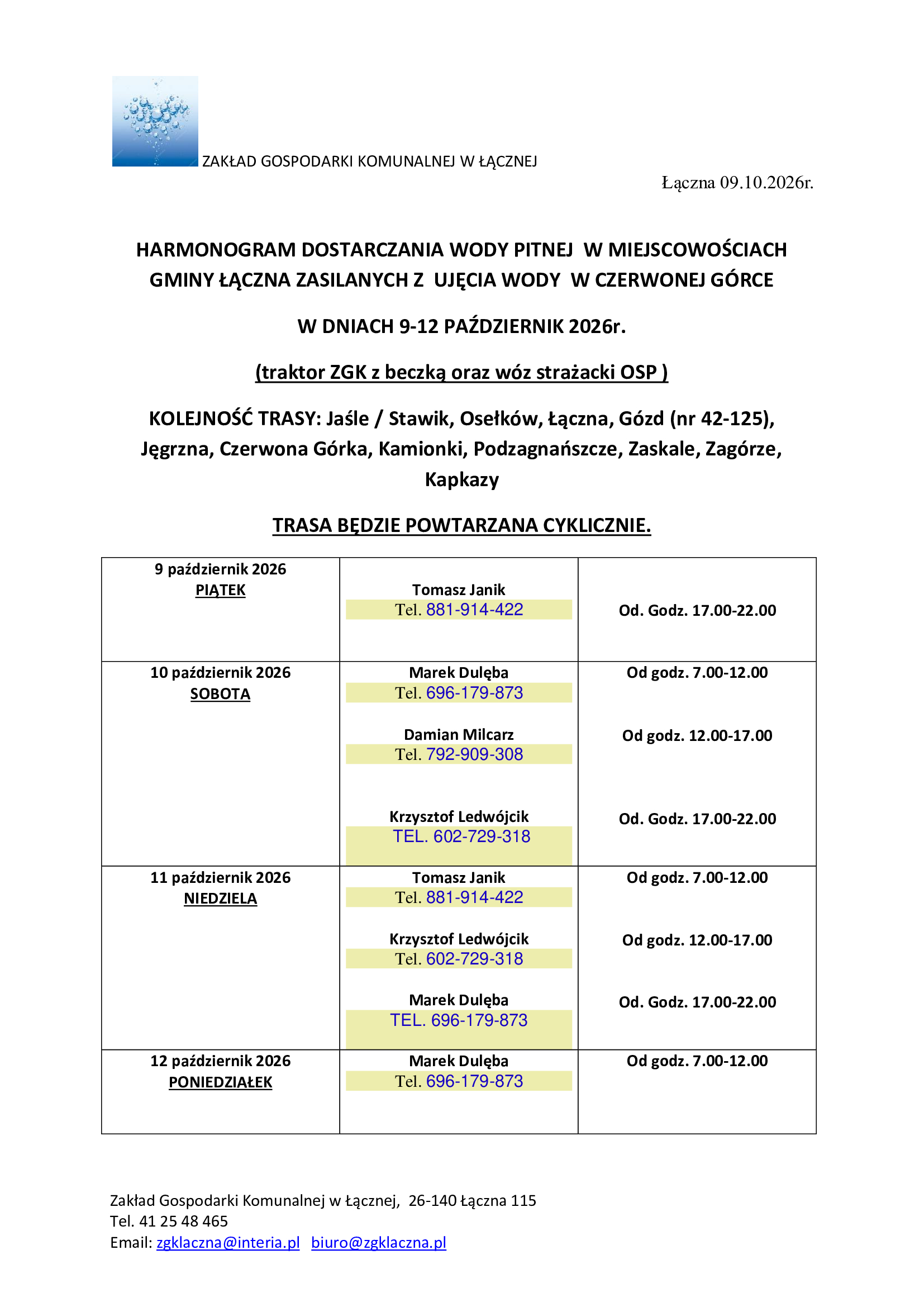 PAPIER FIRMOWY ZGK HARMONOGRAM ROZWOZENIA WODY 09.10.2026